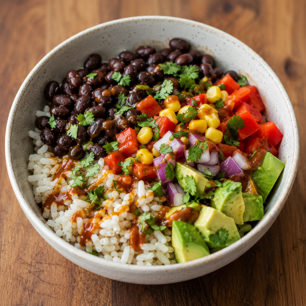 Simple pantry rice bowl with beans and vegetables